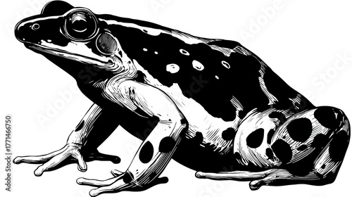 Black and white illustration of a frog from a side profile, featuring dots and detailed line work