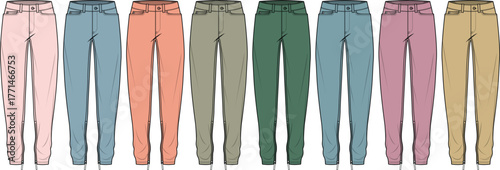 Collection of stylish women's jogger pants in a vibrant spectrum of colors, perfect for comfort and casual fashion designs, showcasing versatile apparel options