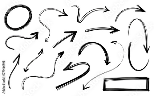 Hand drawn arrows and shapes illustration with black and white ink for design element usage and creative projects