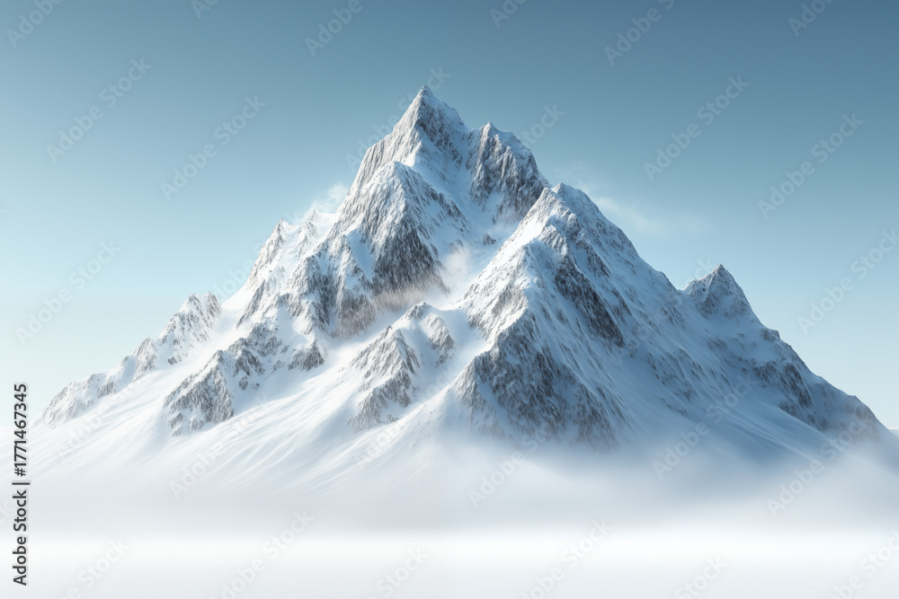 Naklejka premium A majestic snow-covered mountain peak rising high under a clear blue sky. creating a sense of serenity and grandeur. Perfect for concepts of nature, exploration, freedom, and adventure.