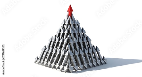Red abstract 3d metal arrow points up a stack of books, illustrating a concept of success and growth in a business pyramid