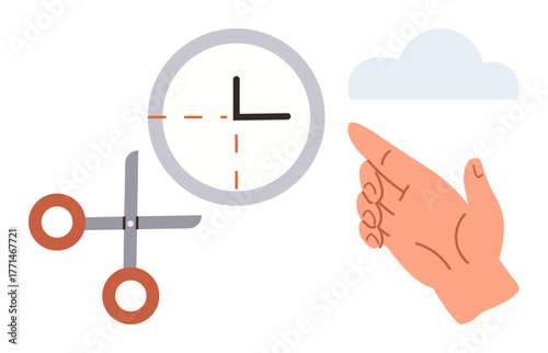 Scissors cutting through a clock, a hand pointing forward, and a cloud in the background. Ideal for time management, productivity, simplification, decision-making, work-life balance, efficiency