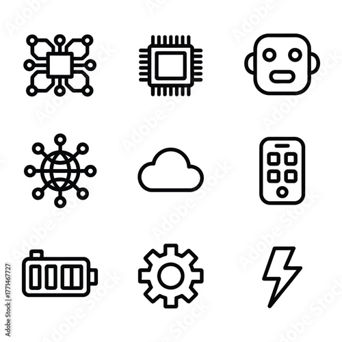 Nine technology and power icons on a white background computer chip