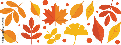 Autumn leaves in warm colors arranged in a collage pattern