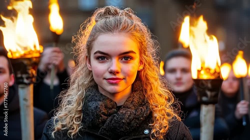 A young woman with curly hair stands confidently, holding a torch while surrounded by others in a dark urban setting