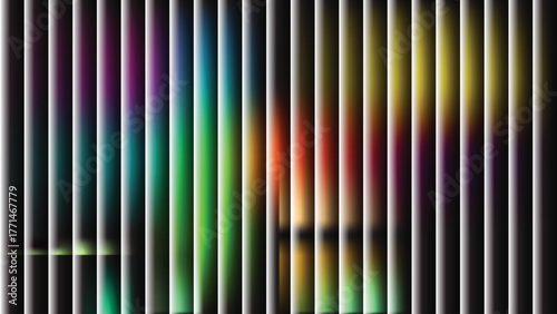 Vertical stripes reveal vibrant abstract rainbow colors behind a gridded surface