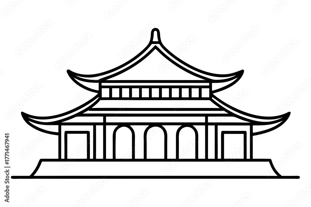 Fototapeta premium A minimalist black and white line art illustration of a traditional east asian pagoda building with curved roofs and arched doorways presented in a clean silhouette style