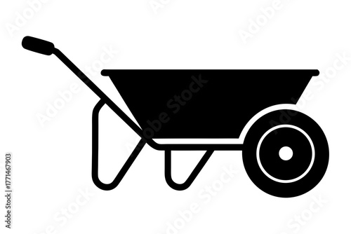 A simple black silhouette of a garden wheelbarrow on a white background representing a tool for moving materials in construction and landscaping silhouette