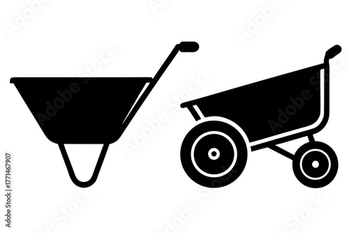 Two distinct black wheelbarrow silhouettes are presented side by side on a white background showcasing different designs for garden and construction work silhouette