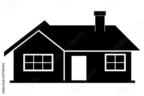 Simple black and white silhouette of a detached house with a pitched roof chimney and two windows and a door representing home ownership and residential property silhouette