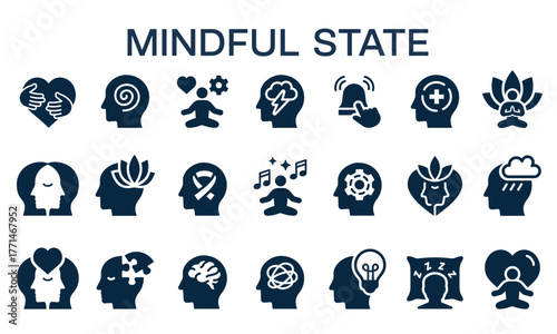 Mindful state icons set. Awareness, meditation, calmness, therapy, and relaxation silhouette signs.
