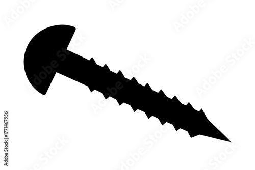 A single black screw with a rounded head and sharp threads displayed in a clean silhouette against a white background representing construction and diy projects silhouette