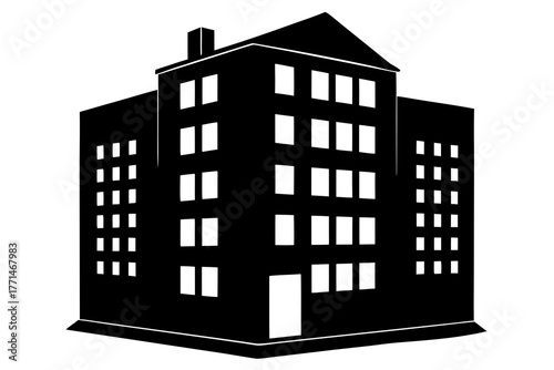 A modern multi story apartment building with visible windows and a chimney presented in a clean striking black and white silhouette style
