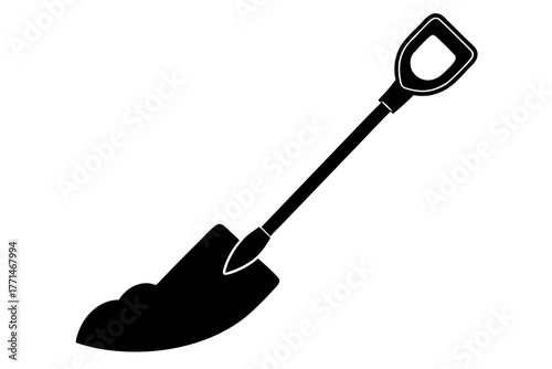 A simple black silhouette of a garden spade with a d shaped handle and a blade digging into a mound of earth isolated on a white background representing digging and gardening activities silhouette