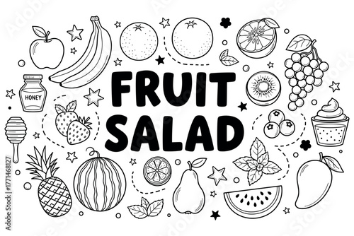 Black and white fruit salad design with honey and desserts