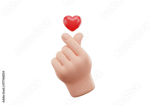 3d cartoon hand making korean finger heart gesture isolated on transparent background