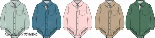 Colorful set of infant long-sleeve collared bodysuits. Vector fashion flat sketch template for baby boy and girl apparel