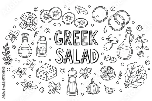 Black and white line art of greek salad ingredients with herbs and spices