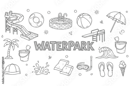 Outline illustration of water park elements with slides and pool