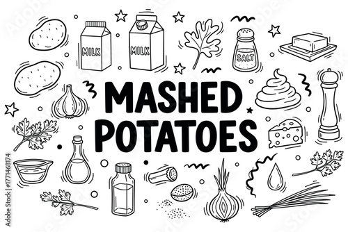 Black and white mashed potatoes ingredients with illustrated design elements