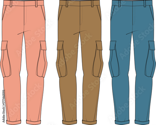 Three pairs of cargo pants in different colors displayed side-by-side on a white background, perfect for fashion and clothing design concepts