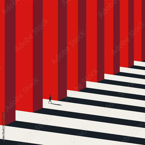 An abstract, high-contrast illustration of a man navigating a path between columns, representing a difficult career challenge, a maze, the long and hard road to success, and finding your way.