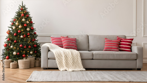 Minimalist living room with Christmas decorations. sofa and christmas tree