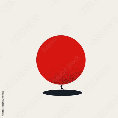 A dramatic image of a small woman supporting a massive red sphere, representing hard work, stress, challenge, burden, responsibility, pressure, strength, and corporate overworking.