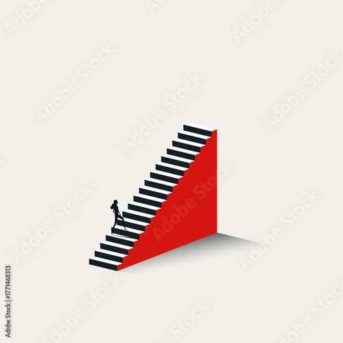 An abstract illustration of a woman climbing a steep staircase, representing career ambition, the road to success, professional development, growth, and overcoming obstacles.