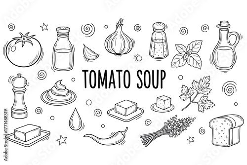 Simple ingredients for homemade tomato soup: herbs, spices, and fresh produce