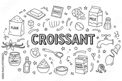 Croissant ingredients and baking doodles in black and white line art