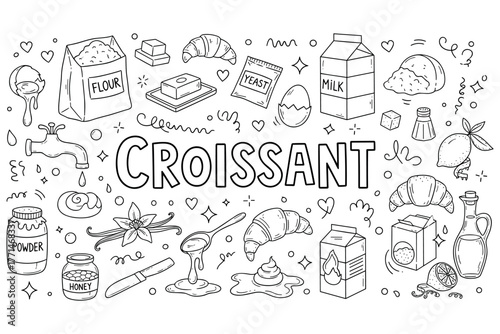 Croissant ingredients and baking essentials in black and white line art