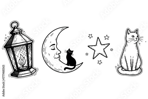 Vintage lantern, moon with cat, star, and sitting cat sketches in black and white