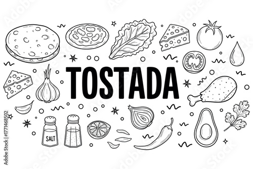 Mexican tostada ingredients illustration with vegetables and spices