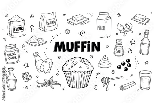 Ingredients for baking muffins with illustrations of flour, sugar, and milk