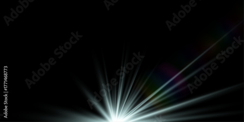 Bright white star positioned at the bottom on a black background, surrounded by soft rainbow light effects and subtle colorful glares. Abstract celestial glow with prismatic reflections, elegant and m