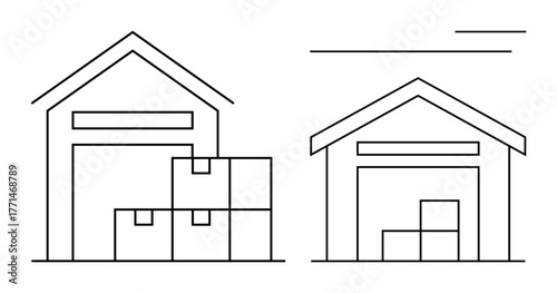 Two warehouse structures storing stacked boxes, symbolizing inventory, logistics, supply chain, storage solutions, and shipping management. Ideal for business, inventory, logistics organization