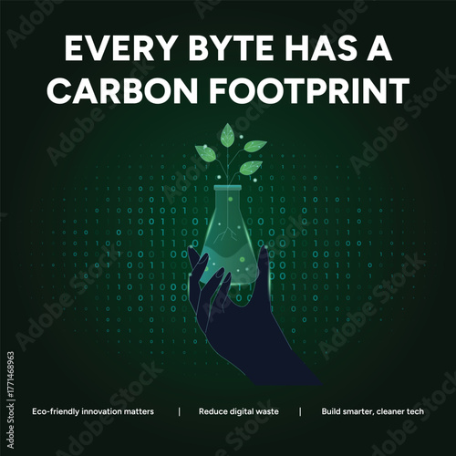 A carbon footprint concept with a hand holding a flask with a plant and the text every byte has a carbon footprint