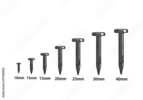 Assorted Sizes of Metal Nails Illustration Construction Fasteners.