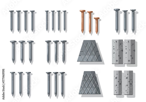 Assorted Construction Materials: Nails Shingles and Concrete Blocks.