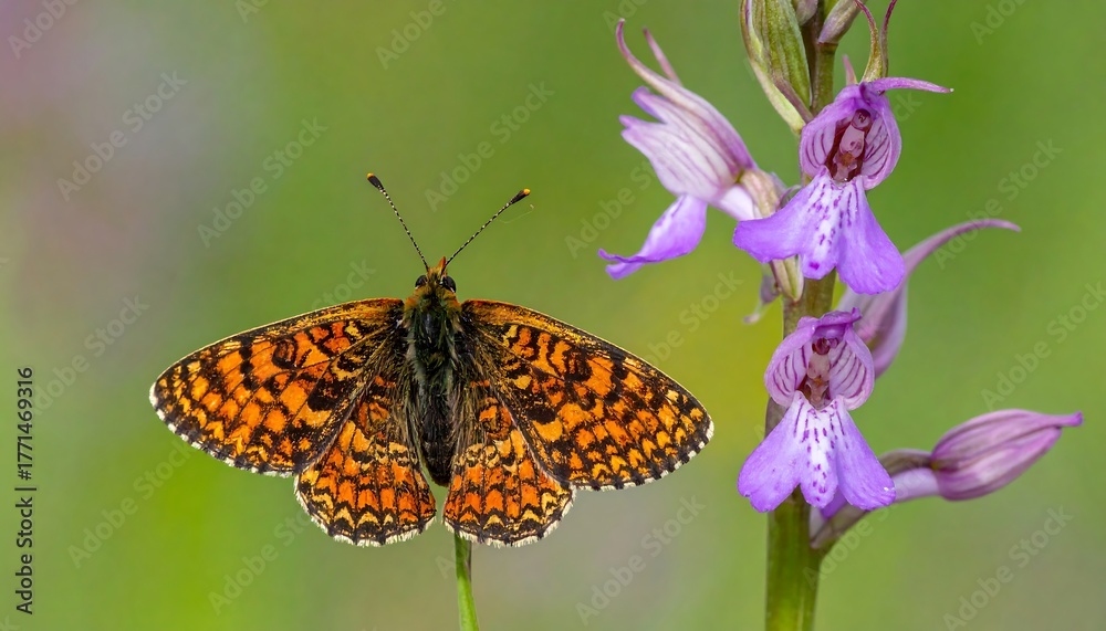 Obraz premium Bright butterfly clings to vibrant purple flower with green background