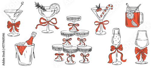 Christmas cocktails with bows hand drawn set. Coquette holiday aesthetic glasses with ribbon and bow in sketch style. Xmas elegant martini, champagne. Doodle line art vector illustration
