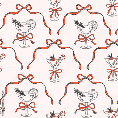 Coquette trellis Christmas patters with cocktails, bow and ribbon. Vintage holiday retro print. Winter background for fabric, wallpaper or wrapping paper. Vector xmas elegant trendy print