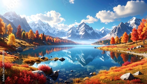 Autumnal lakeside view featuring snow-capped mountains, colorful foliage, and a mirror-like water reflection