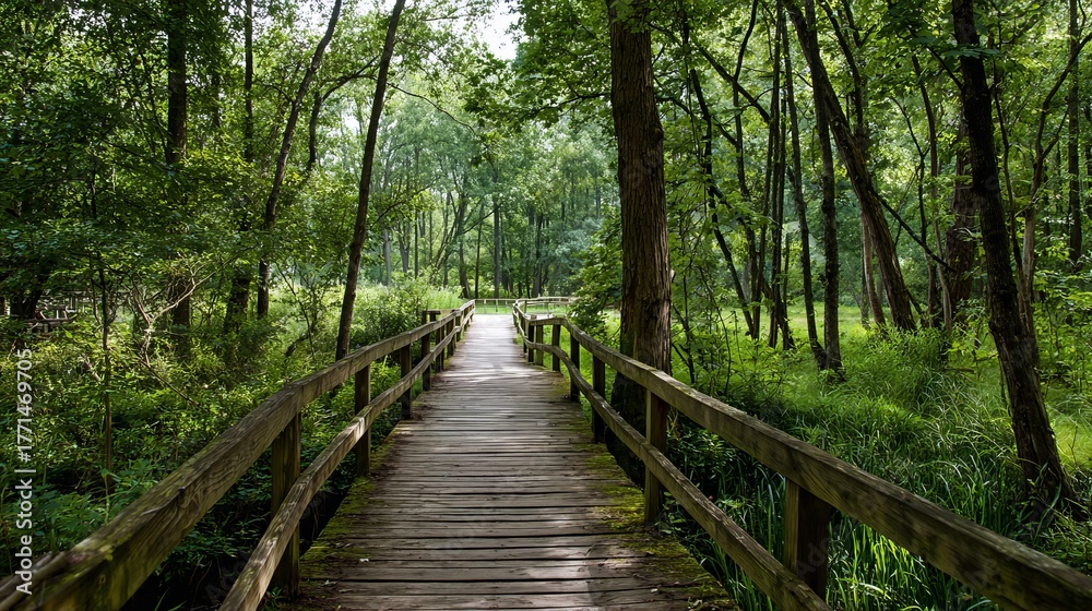 Fototapeta premium Wooden boardwalk path through a quiet park landscape
