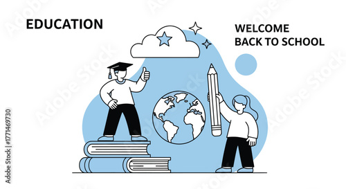 Education Welcome Back to School Concept with Students, Globe, Pencil, and Books Illustration