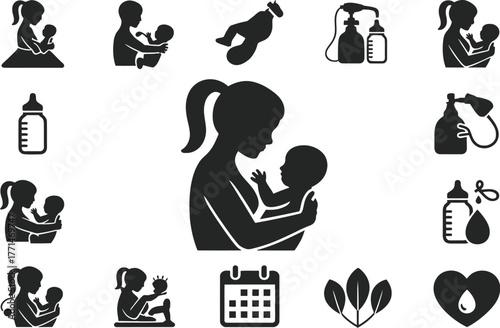 Breastfeeding and baby care icons set vector illustration concept editable vector