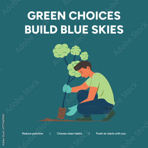 A man planting a tree, symbolizing green choices contributing to a healthier environment and cleaner air for future generations