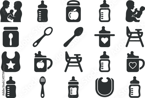 Baby essentials icons set vector illustration feeding and care items editable vector