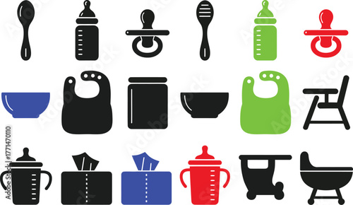 Baby essentials vector set feeding and care items black silhouette editable vector